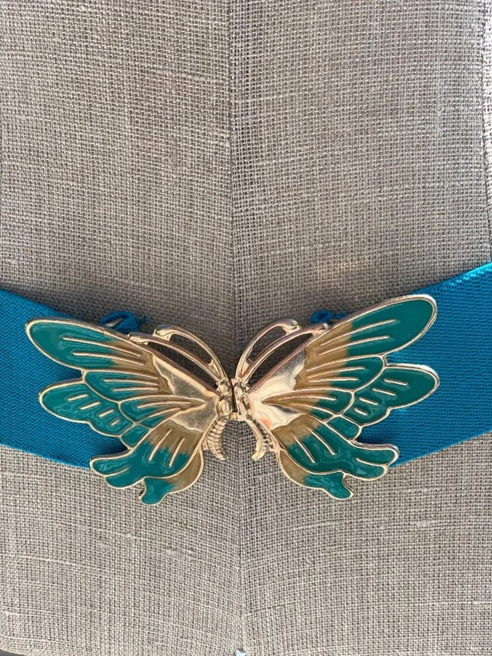 Vintage Wide Statement Cinch Waist Belt M Blue Elastic Gold Butterfly Buckle 90s